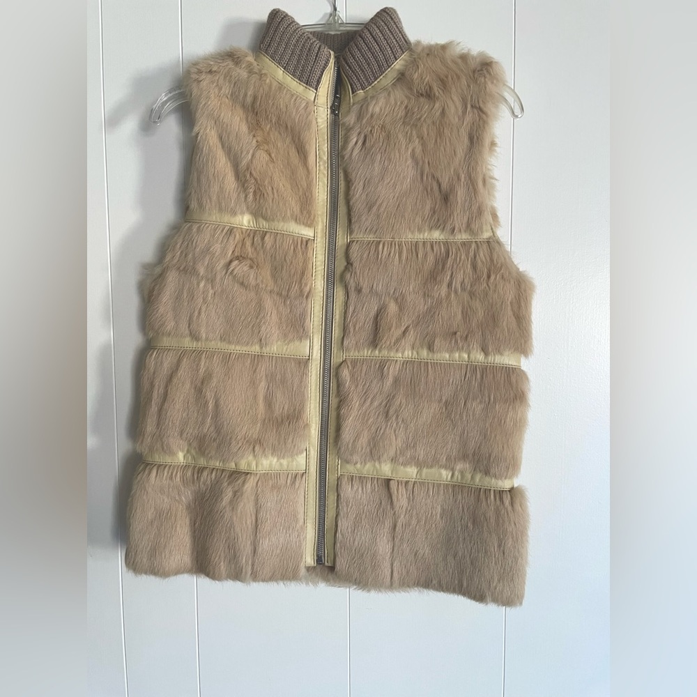 Votre Nom Collection Angora and Napa Leather Vest Tan color in Size Small.